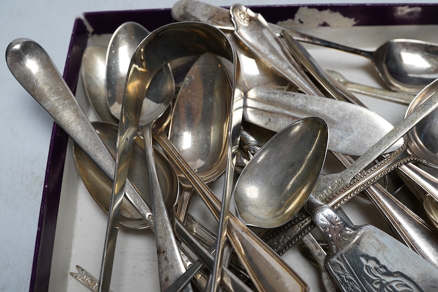 A group of odd silver flatware teaspoons, butter knives and lobster picks, 18th to 20th century, 527g. Condition - fair